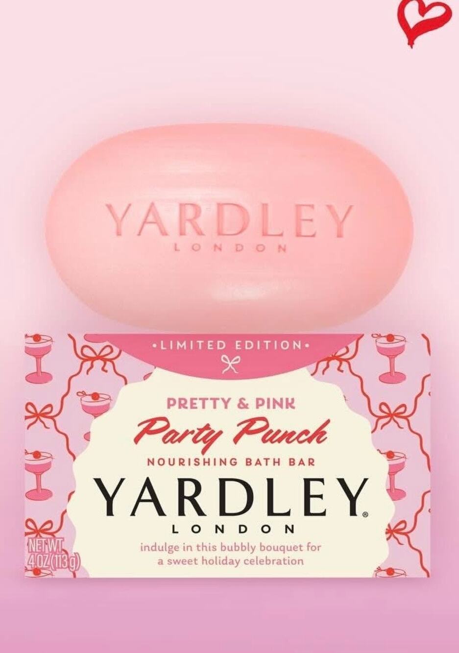 NIB! Yardley London "Pretty & Pink” Party Punch Nourishing Bath Bar 4.0 Oz